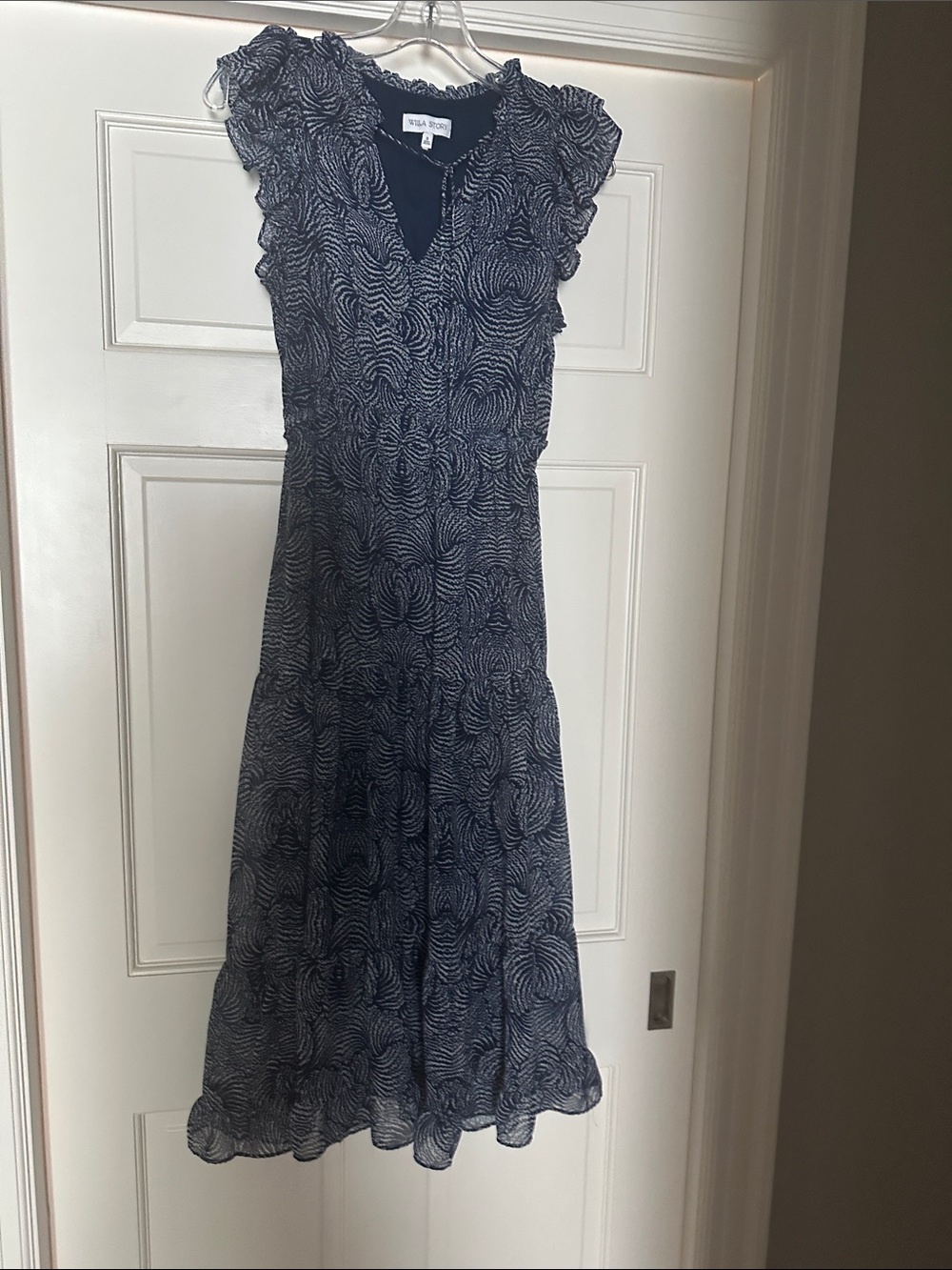 Navy and White Printed Midi Dress with tiered ruffles